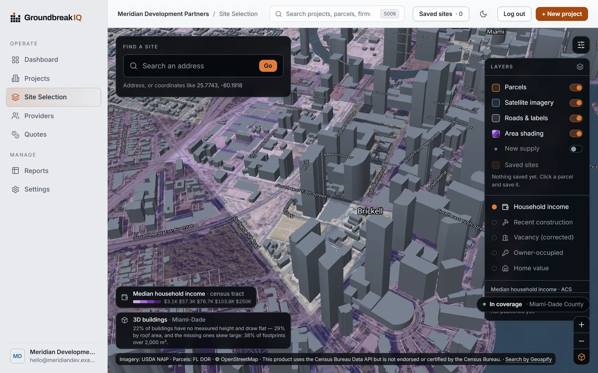 The Groundbreak IQ site-selection map: 3D buildings over Brickell standing on a census-tract income choropleth, with white dots marking parcels holding issued permits for new multi-unit housing.